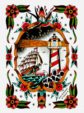 Old school ship lighthouse dagger swallow flowers